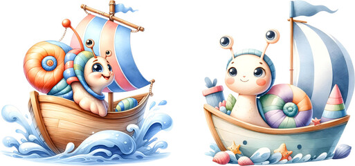 Cute snail on the boat in ocean for decor kids bedroom, watercolor illustration.