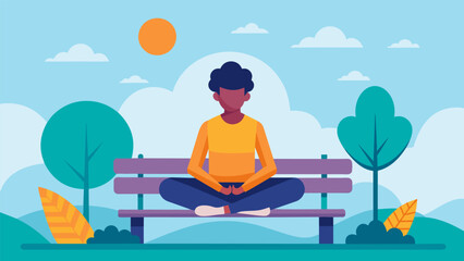 Sitting on a park bench a person with bipolar disorder practices mindfulness meditation by scanning their body for any areas of tension.. Vector illustration