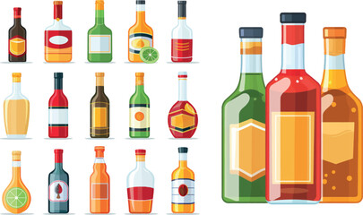 Alcohol in a bottle flat icons. Drinks bottles vector illustration