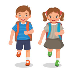 Cute little kids students walking going to school together

