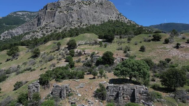 Ruins of Athena Temple in Destroyed Ancient City of Priene in Spring Day, Aydin - Turkey