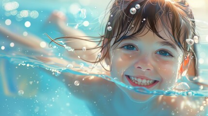 Smiling girl child swimming in the pool
