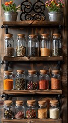 A beautifully organized spice rack with glass jars of colorful spices lined up on an antique kitchen shelf