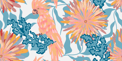 Stylized retro layered flowers and cockatoo parrot. Vector seamless overlapping pattern. Fantasy blooming flowers. Colorful tropical floral spring summer background.