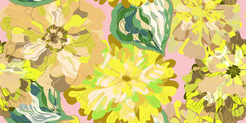 Stylized retro layered flowers. Vector seamless overlapping pattern. Fantasy blooming flowers. Colorful floral spring summer background.