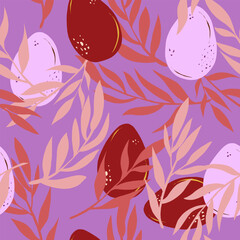 Easter eggs and branches hand drawn vector seamless pattern Retro style.