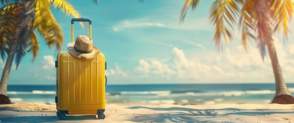 Yellow suitcase with travel accessories on a sandy beach Summer concept, holiday, travel, seaside