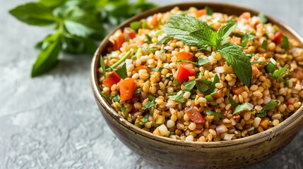 Freekeh salad, bowl of barley salad with mint leaves, dieting culinary plate yellow