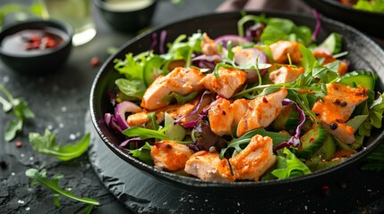 Buffalo chicken salad with chicken and vegetables, cooking dieting tomato fillet barbecue