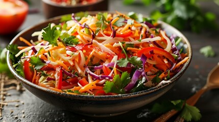 Crunchy asian salad, bowl of salad with carrots, cabbage, and cilantro, crockery table plate pepper eating