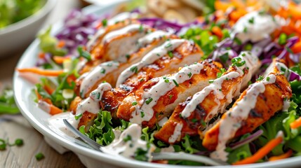 Buffalo chicken salad with chicken and dressing, snack pork crockery cooking refreshment
