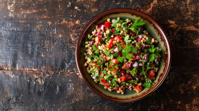 Freekeh salad, bowl of salad on wooden table, crockery quinoa appetizer rustic fruit