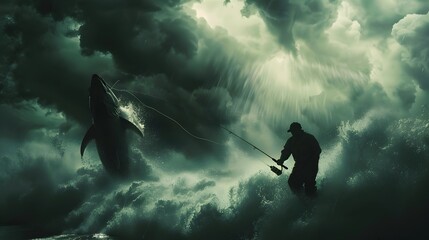 Fisherman Battles Giant Fish Amid Towering Storm Clouds and Turbulent Waters
