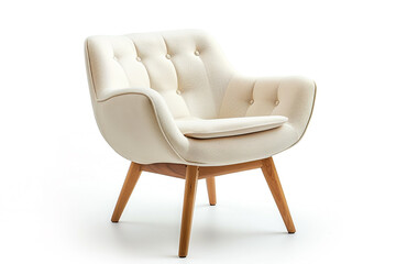 Scandinavian-style accent chair with clean lines and wooden legs isolated on solid white background.