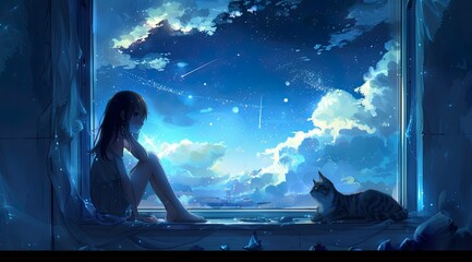 Girl Watching the Night Sky with a Cat