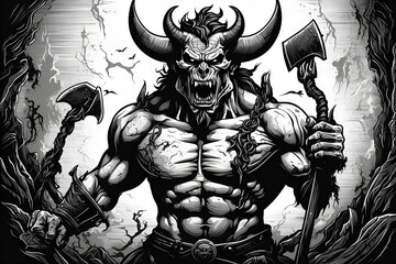 Fototapeta premium a drawing of a devil with horns and horns Echoes of the Abyss The Screaming Horseman - Black