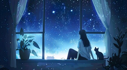 Girl Watching the Night Sky with a Cat