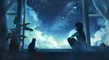 Girl Watching the Night Sky with a Cat
