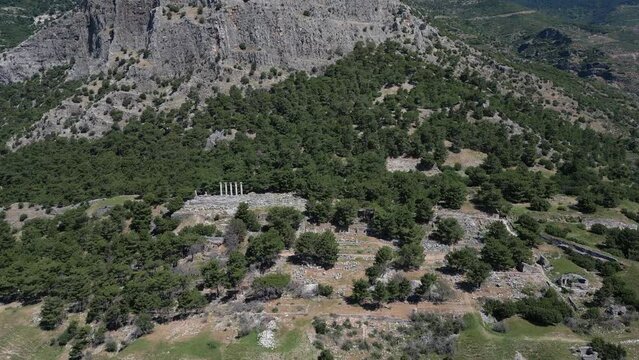 Ruins of Athena Temple in Destroyed Ancient City of Priene in Spring Day, Aydin - Turkey