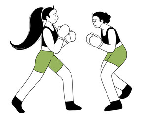 Female boxing athlete outline illustration. Two professional boxers fighting on ring. Strong fighters in gloves sparring. Character for sports standings, web, mascot, school. Vector line illustration.