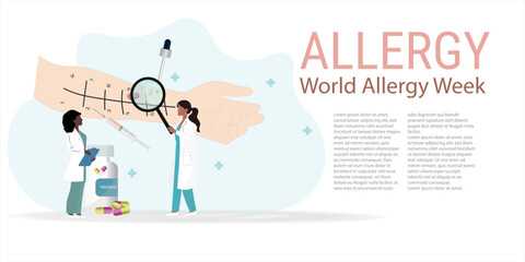 World Allergy Week poster showing a physician examining the arm of a patient undergoing allergy skin testing: drop or intradermal test and process.