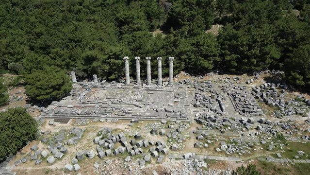 Ruins of Athena Temple in Destroyed Ancient City of Priene in Spring Day, Aydin - Turkey