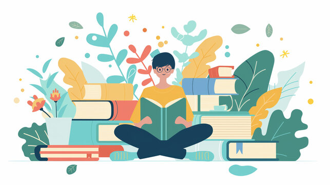 A youthful reader is engrossed in a book, sitting among a large collection of literature, symbolizing knowledge and education