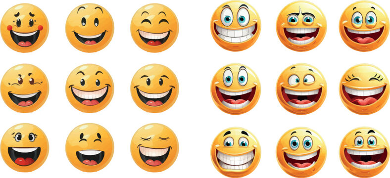 Flat happy and enamored, wonder and laughing faces