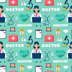 Doctors Seamless Pattern Design with Medical Equipment in Template Hand Drawn Cartoon Illustration