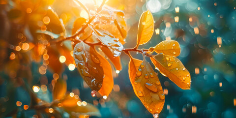 Vivid orange leaves adorned with water droplets under golden sunlight, creating a warm, magical...