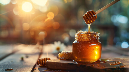 Jar of sweet honey and dipper on table