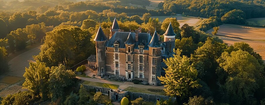 Aerial view close up of Chateau Saint-Hilaire, Curemonte, France.