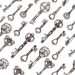 Hand-drawn seamless pattern of vintage decorative keys sketches with intricate forging. Ink and pen drawing illustration, keys on white background.