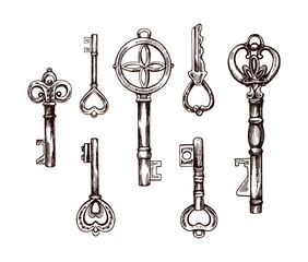 Hand-drawn set of vintage decorative keys sketches with intricate forging. Ink and pen drawing illustration, keys on white background.