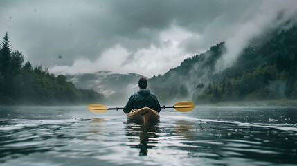 A man plays a Kayaking in the lake