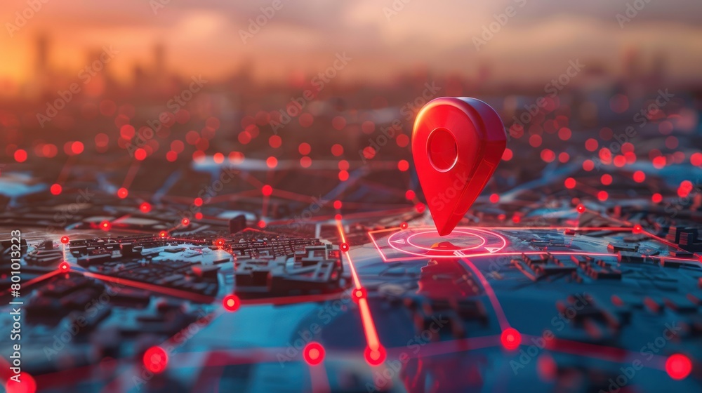 Poster red map pin in cityscape and network connection, indicating the city destination on the map and conn