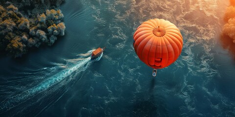 Aerial view of a balloon and a boat