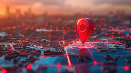 Red map pin in cityscape and network connection, Indicating the city destination on the map and connection concept.