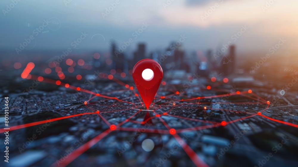 Poster red map pin in cityscape and network connection, indicating the city destination on the map and conn