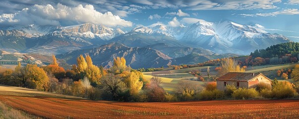 Captivating autumnal agricultural vista in Cerdanya, Girona, Spain, with the snow-capped Pyrenees mountains forming a stunning backdrop