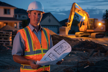 Construction worker with helmet holding blueprints at a site with machinery in the background