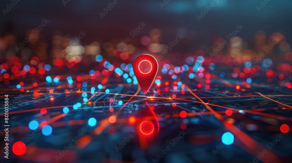 Poster red map pin in cityscape and network connection, indicating the city destination on the map and conn