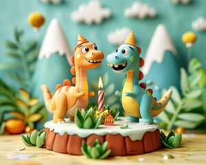 Naklejka premium Dinosaurs birthday card mockup for kids, 3D art scene featuring two cartoon dinosaurs celebrating a birthday with cake and candles in a playful prehistoric setting.