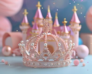 Dreamy princess birthday card mockup, A sparkling princess crown in the foreground with a whimsical fairy tale castle in soft pastel colors, creating a dreamlike atmosphere.