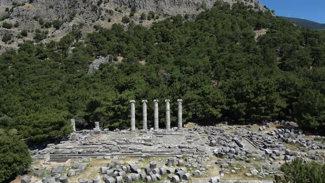 Ruins of Athena Temple in Destroyed Ancient City of Priene in Spring Day, Aydin - Turkey