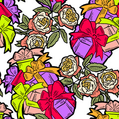 Gift box, ribbon and flowers seamless vector pattern for wrapping present with bow, party celebration, sale promotion, Textile print, fabric design, banner background. Hand drawn style illustration.