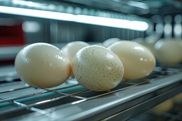 Goose eggs in an incubator. Goose egg incubation. The process of hatching from goose eggs in the incubator. - obrazy, fototapety, plakaty