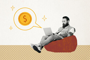 Composite photo collage of serious bearded tattoo man type macbook device freelancer dream earnings...