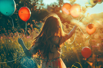 Young girl in a field during sunset running with colorful balloons in hand