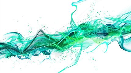 Energetic neon green lightning streaks alongside vivid cyan wave patterns, isolated on a solid white background."